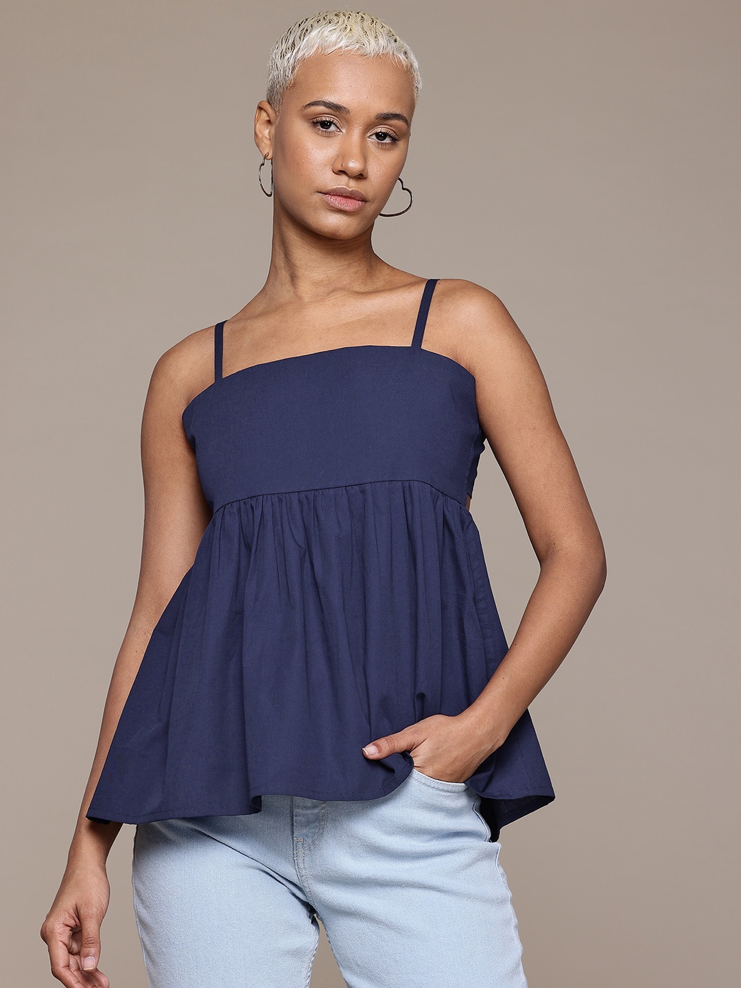

Roadster Cotton Poplin Styled Back Longline Top, Navy blue