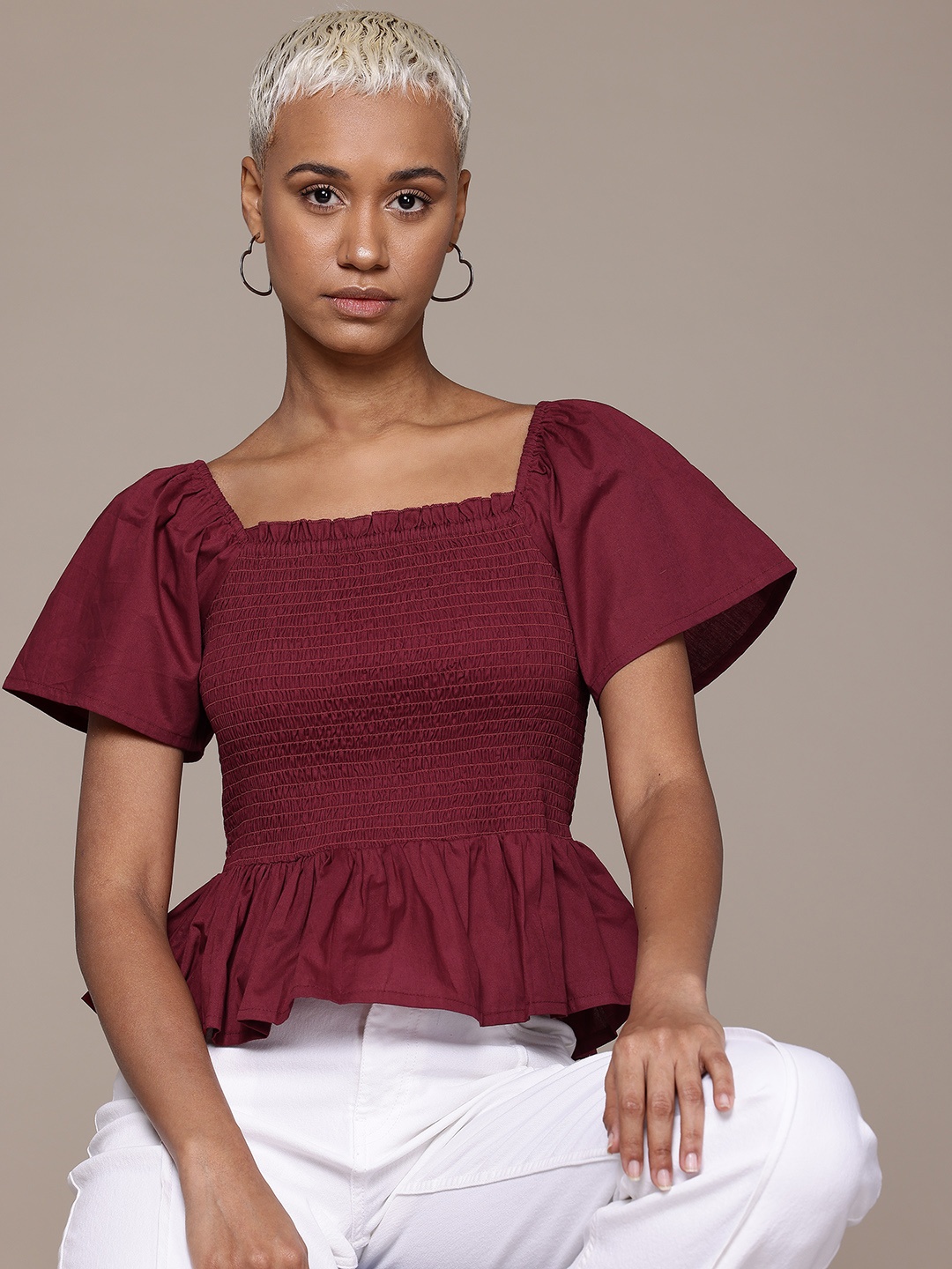 

Roadster Flared Sleeves Cotton Poplin Peplum Top, Maroon