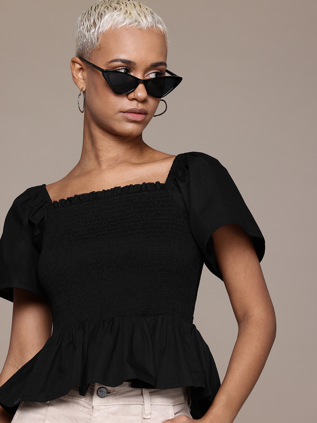 

Roadster Flared Sleeves Cotton Poplin Peplum Top, Black