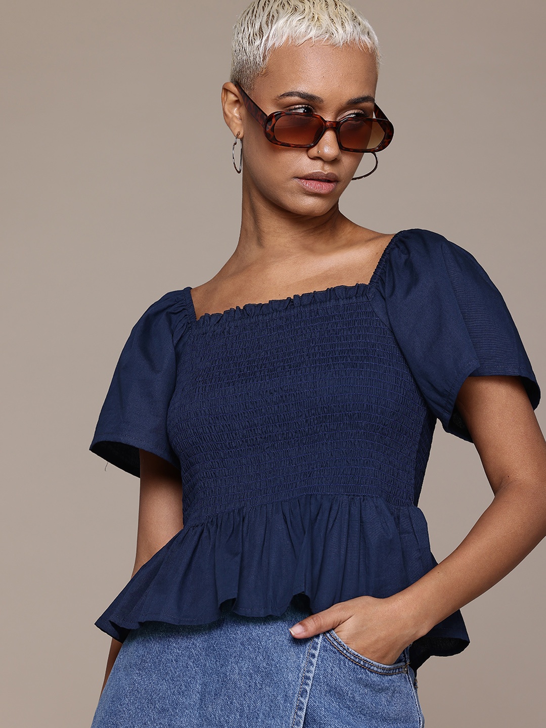

Roadster Flared Sleeves Smocked Cotton Poplin Peplum Top, Navy blue