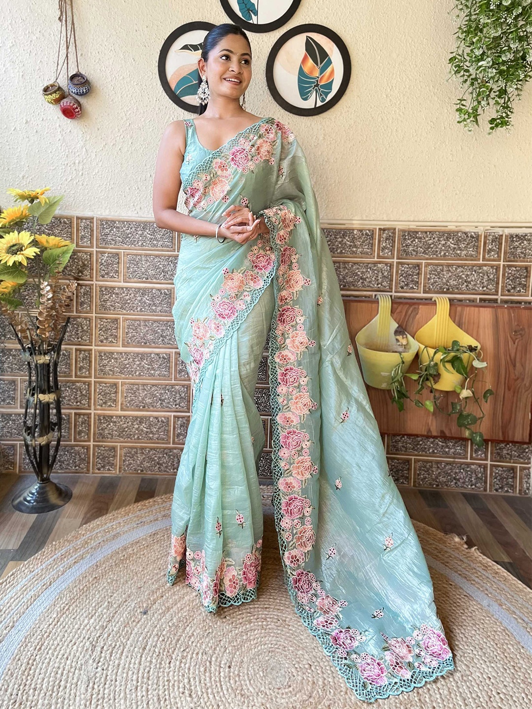 

Mitera Floral Embroidered Saree, Green