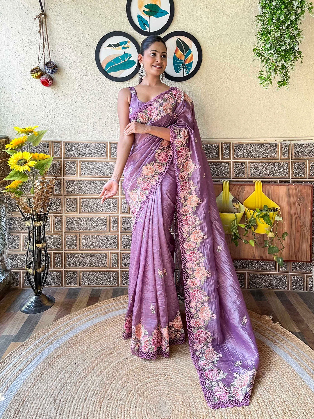 

Mitera Floral Embroidered Saree, Purple
