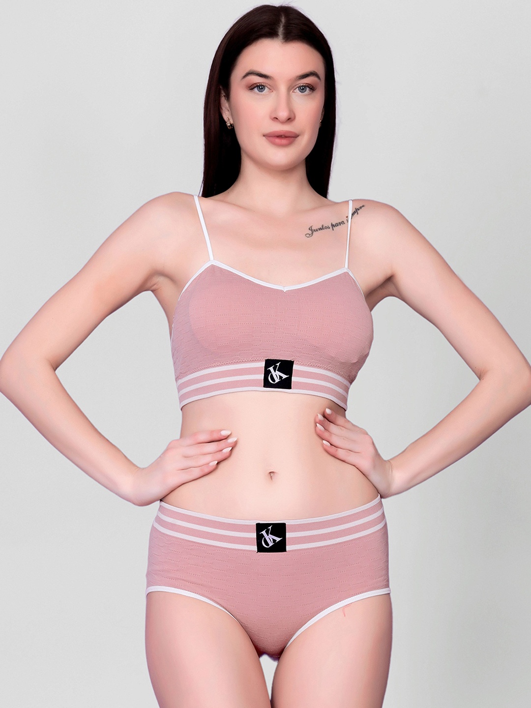 

Gopalvilla Striped Full-Coverage Lingerie Set, Pink