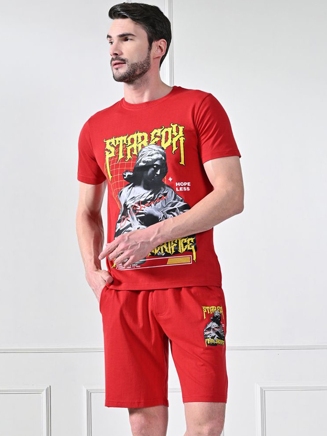 

STARFOX Printed Round Neck T-Shirt With Shorts Co-Ords, Red