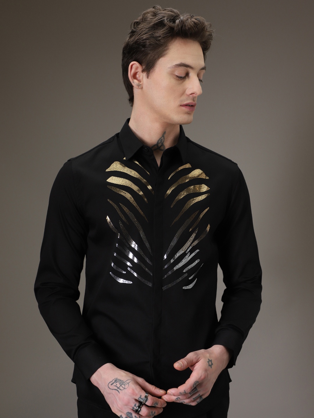 

Banana Club Men Classic Embellished Casual Designer Shirt, Black