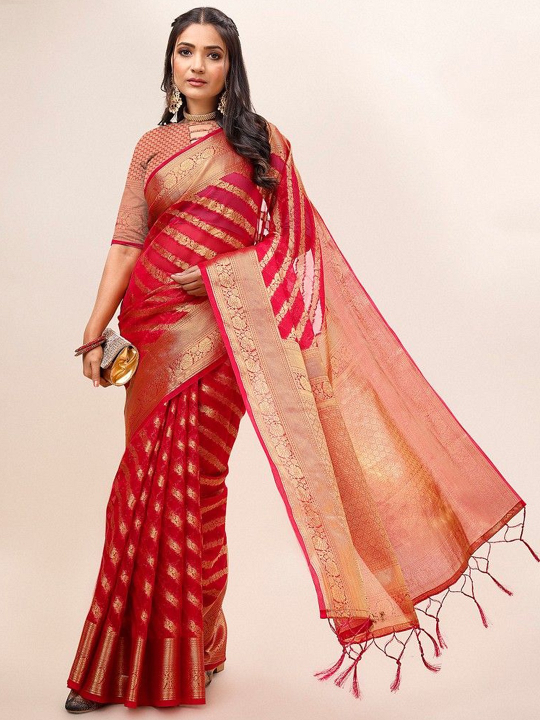 

HERE&NOW Woven Design Zari Organza Saree, Red