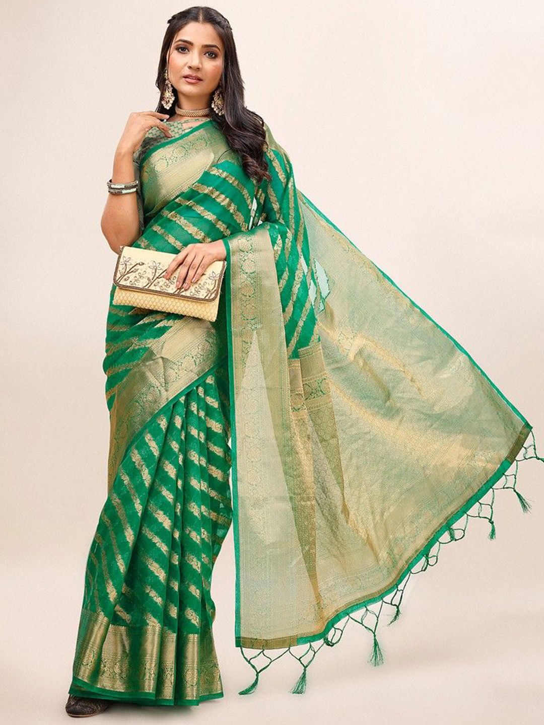 

HERE&NOW Woven Design Zari Organza Saree, Green