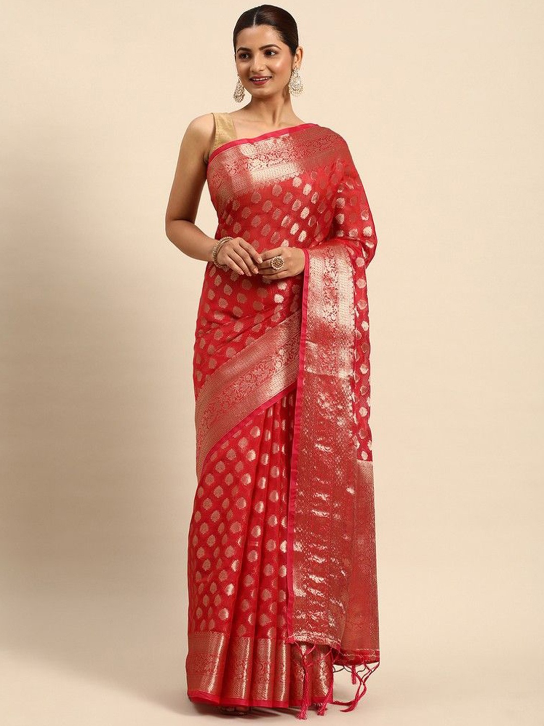 

HERE&NOW Woven Design Zari Organza Saree, Red