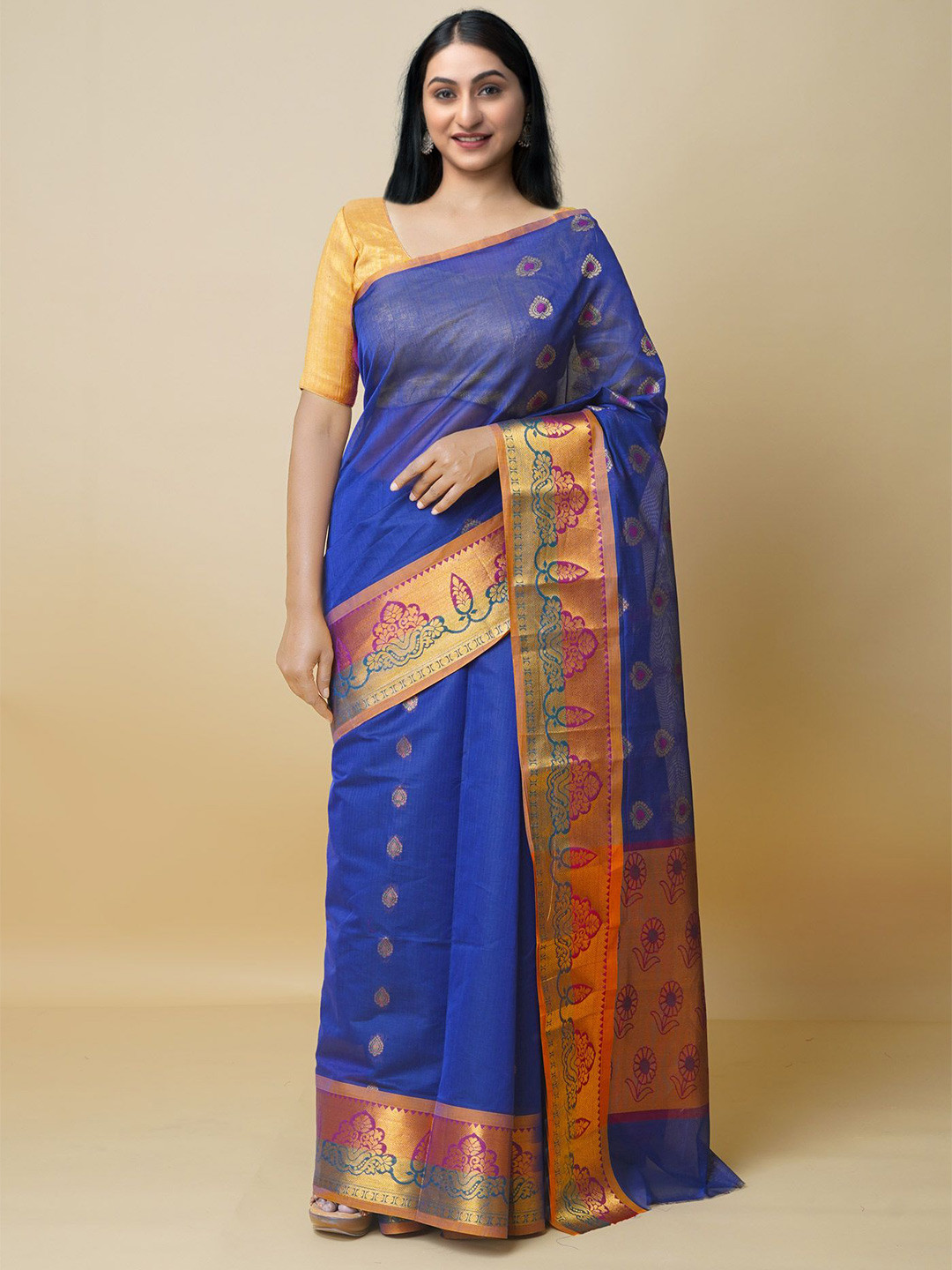 

Unnati Silks Woven Design Zari Pure Cotton Handloom Gadwal Saree, Navy blue