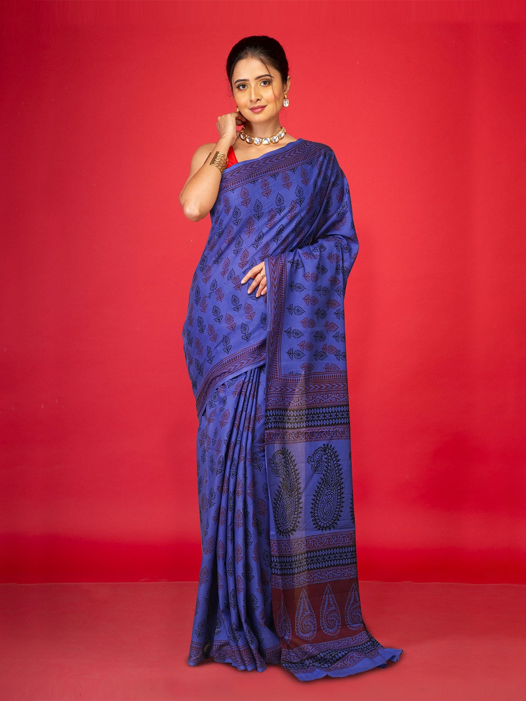 

Unnati Silks Ethnic Motifs Pure Cotton Handloom Bagh Saree, Blue