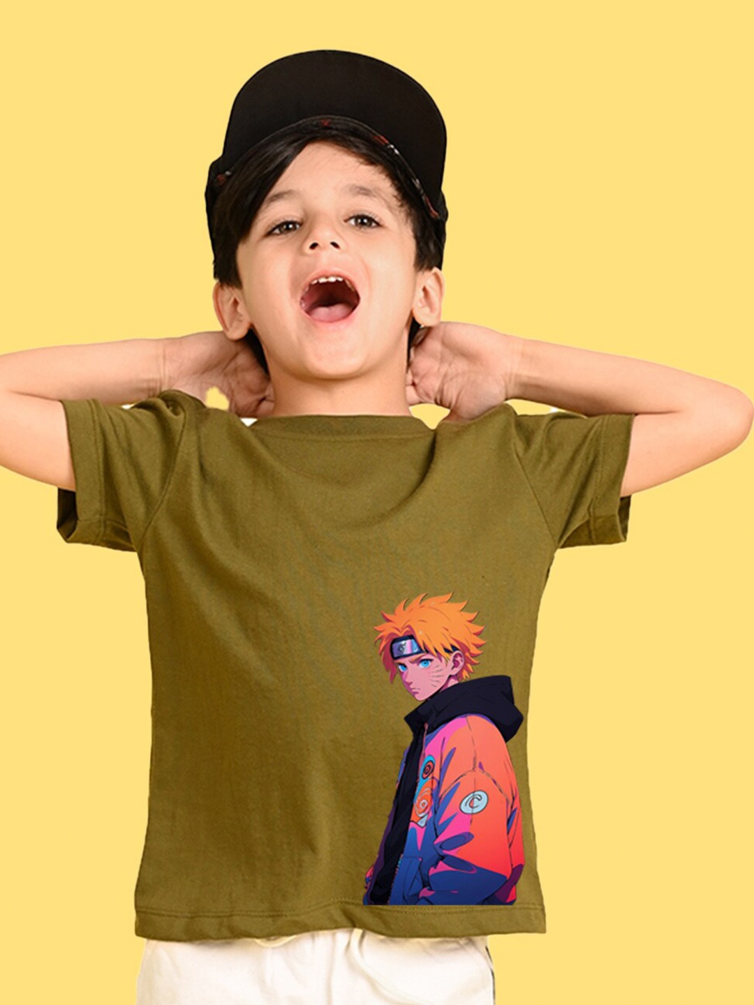 

NUSYL Boys Round Neck Naruto Printed Oversized T-shirt, Green