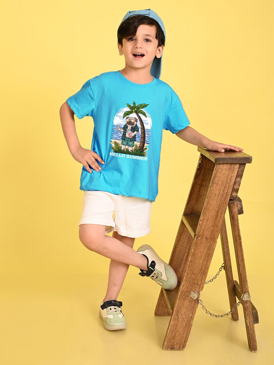

NUSYL Boys Graphic Pug Dog Printed Round Neck Oversized T-shirt, Blue