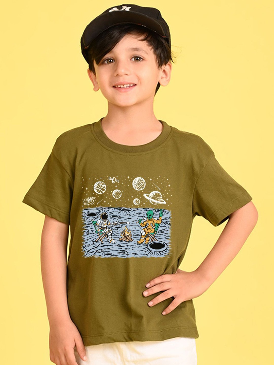 

NUSYL Boys Graphic Printed Round Neck Oversized T-shirt, Olive