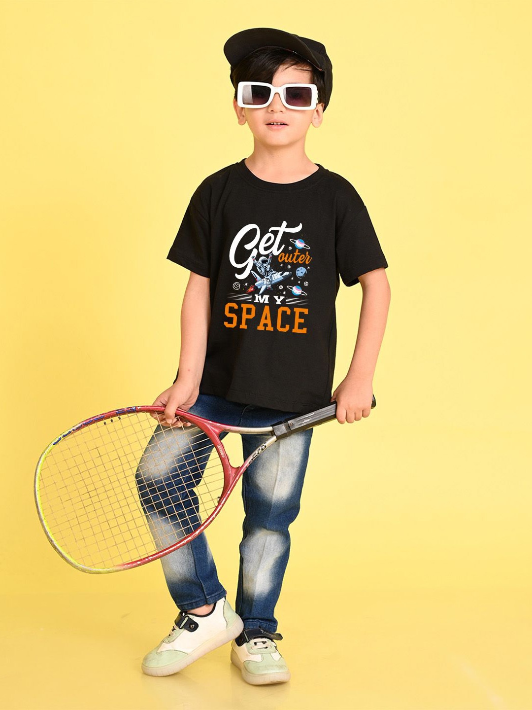 

NUSYL Boys Conversational Printed Oversized Round Neck T-shirt, Black