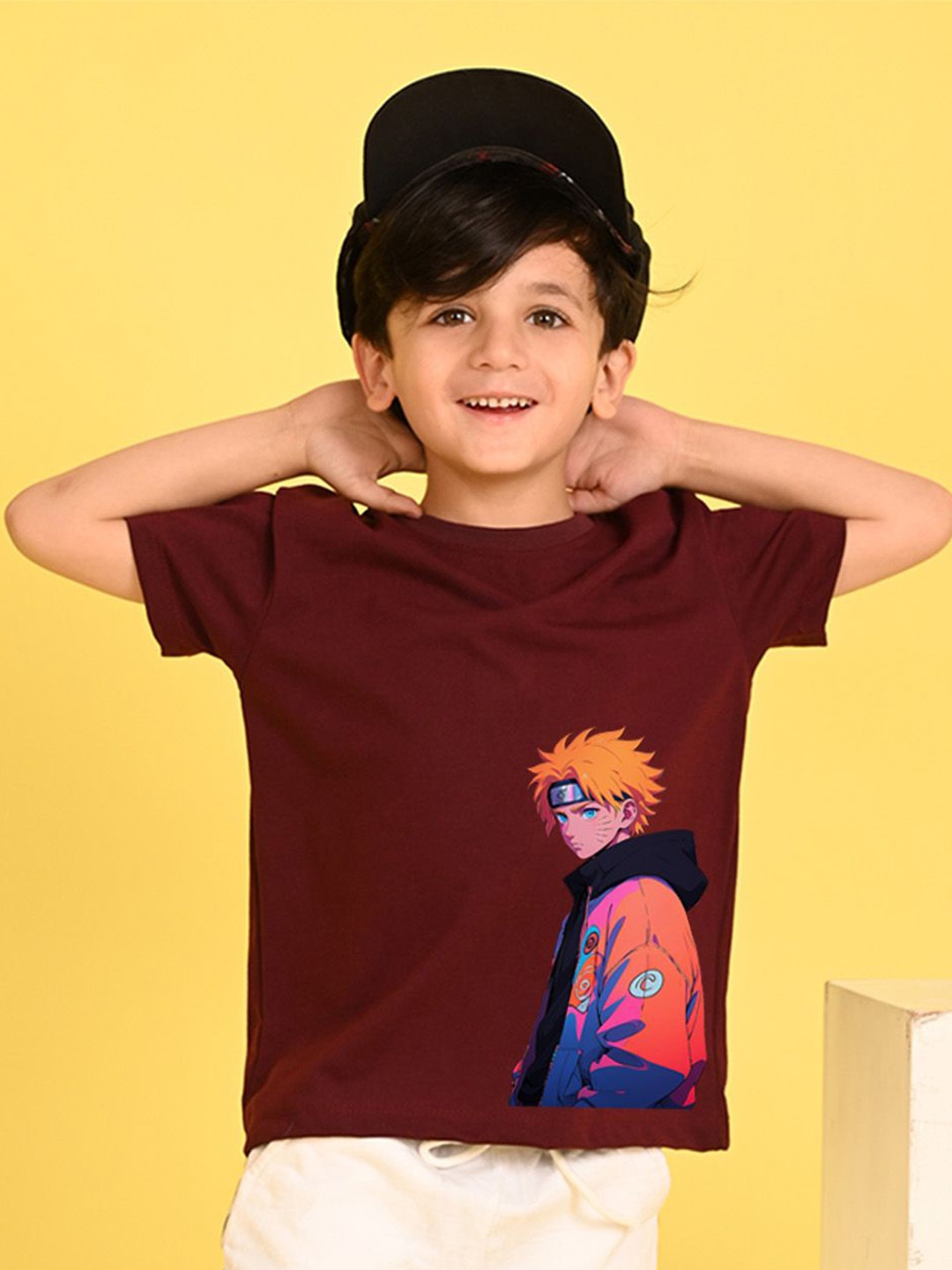 

NUSYL Boys Naruto Graphic Printed Round Neck Longline Oversized T-shirt, Maroon