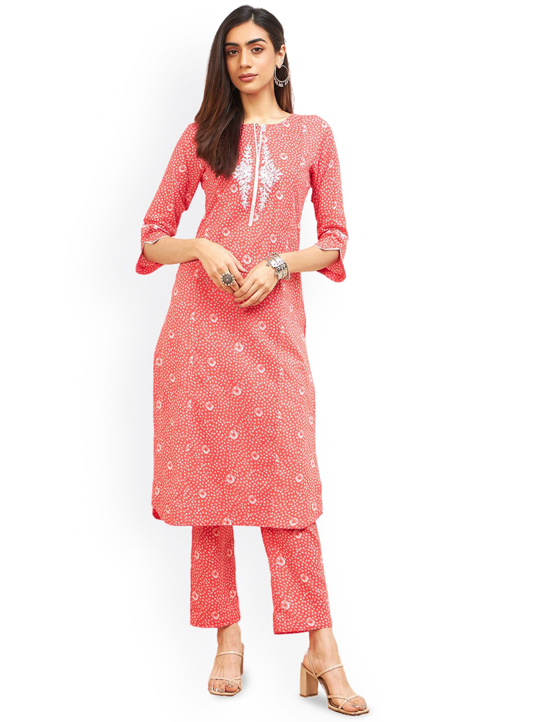 

STADO Printed Round Neck Organic Cotton Straight Kurta with Trousers, Pink