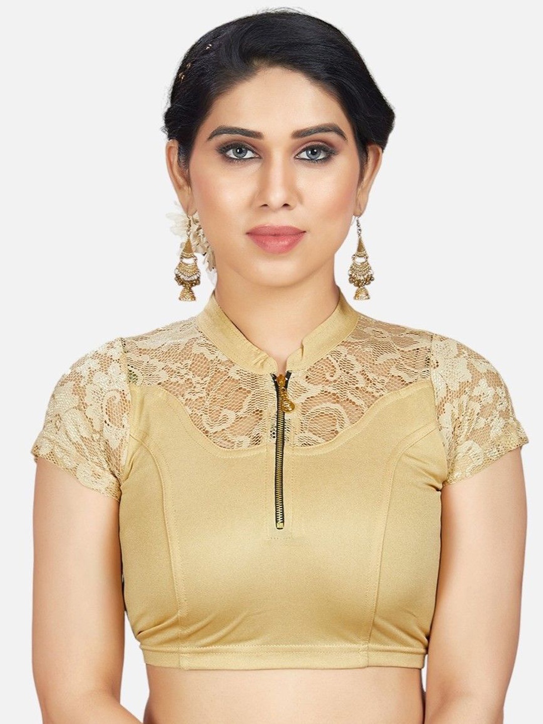 

Biyu Self-Designed Short Sleeve Stretchable Saree Blouse, Gold