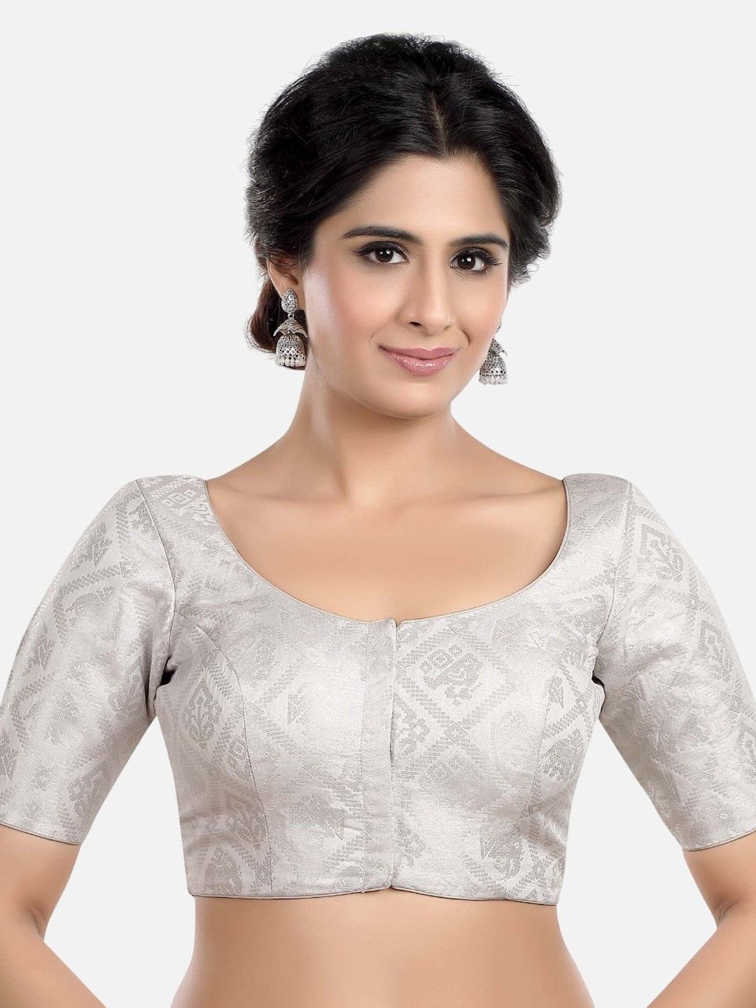 

Biyu Woven Design Round Neck Short Sleeve Saree Blouse, Silver