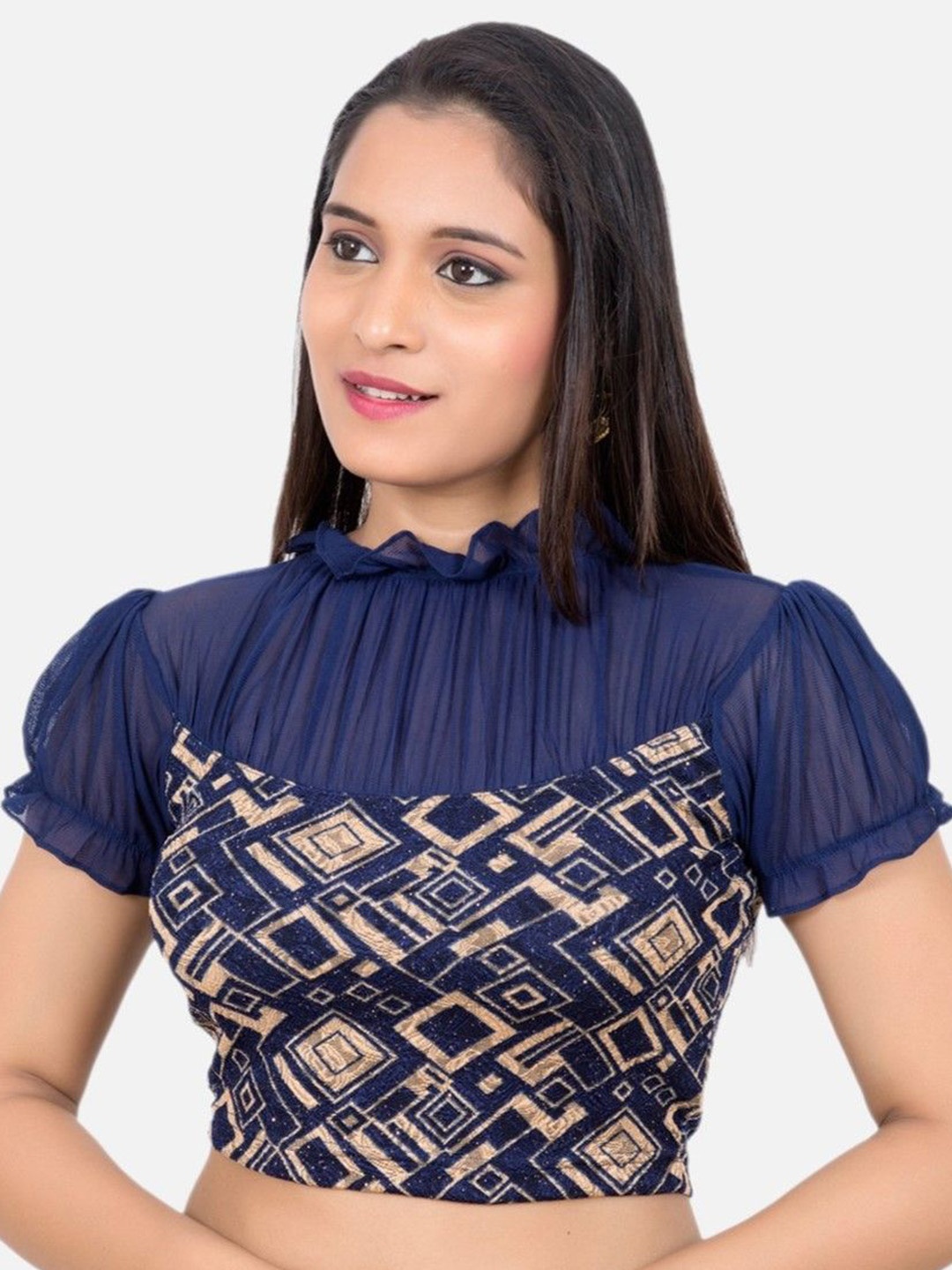 

Biyu Printed Stretchable Readymade Saree Blouse, Navy blue