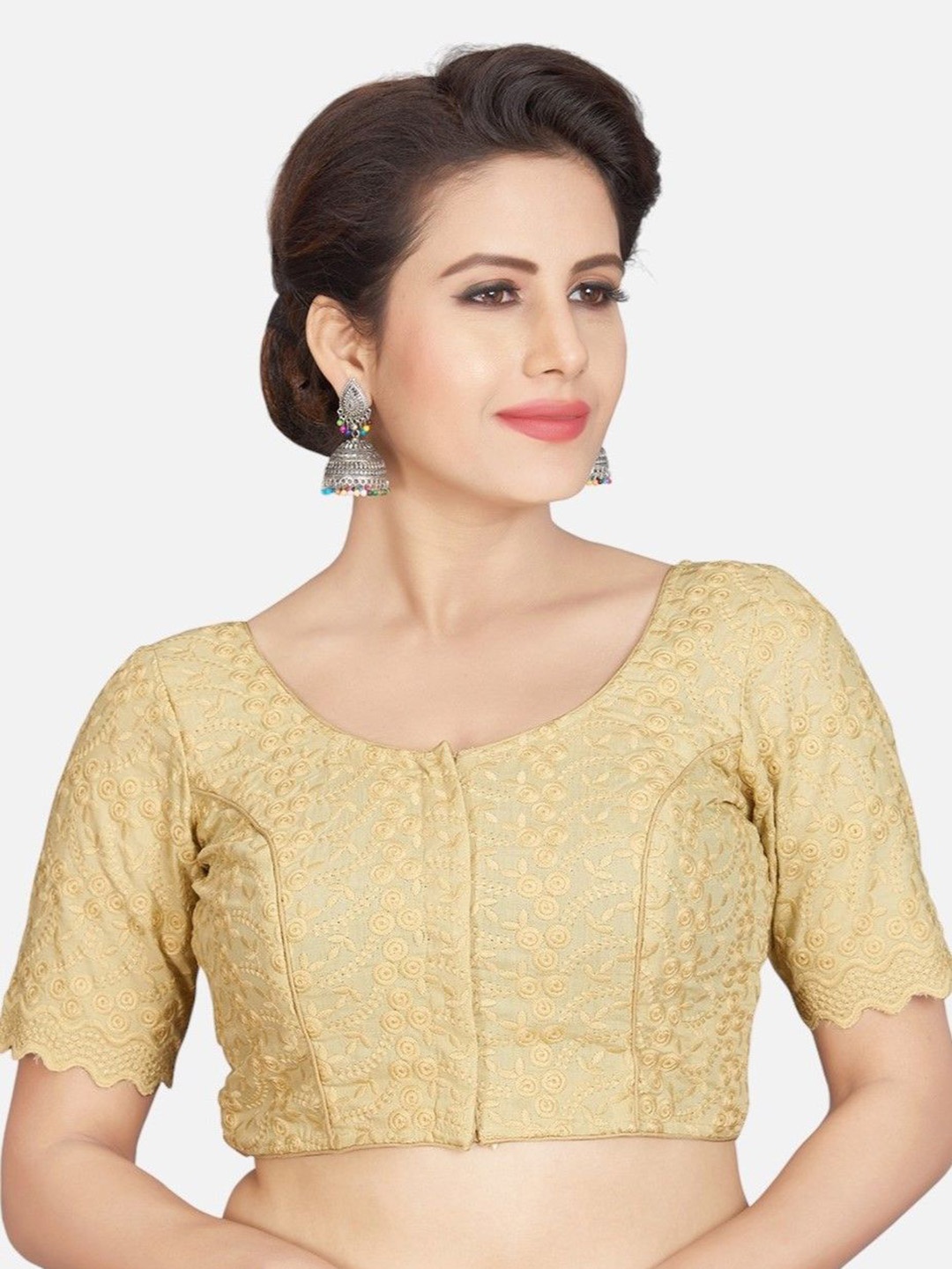 

Biyu Floral Embroidered Round Neck Brocade Readymade Saree Blouse, Gold