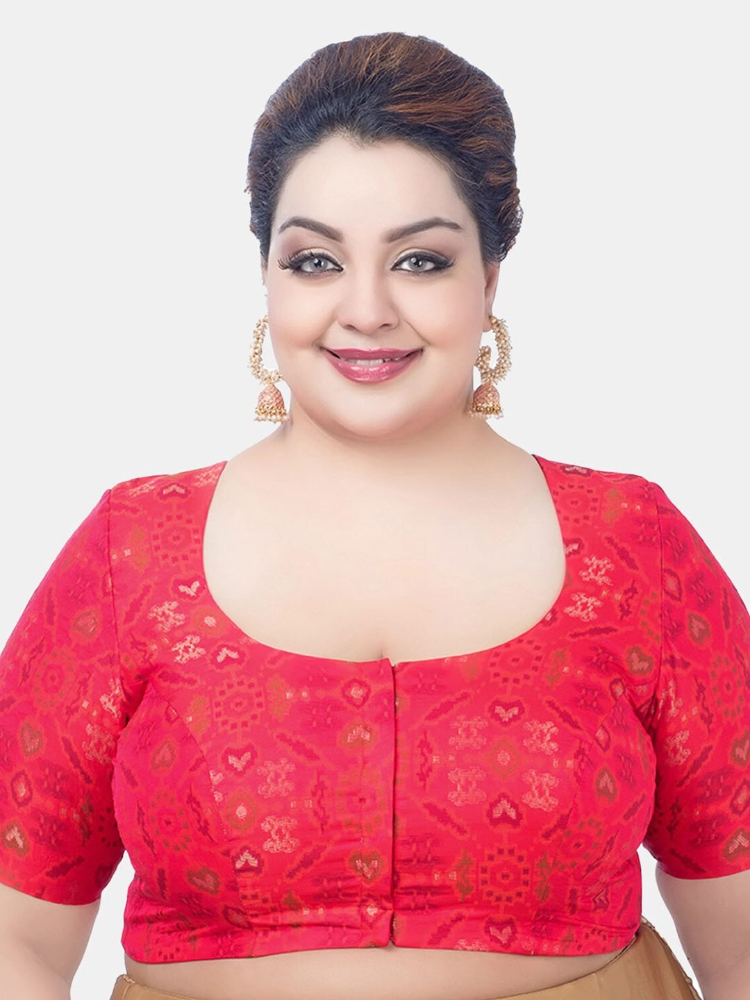 

Biyu Printed Round Neck Saree Readymade Silk Blouse, Red