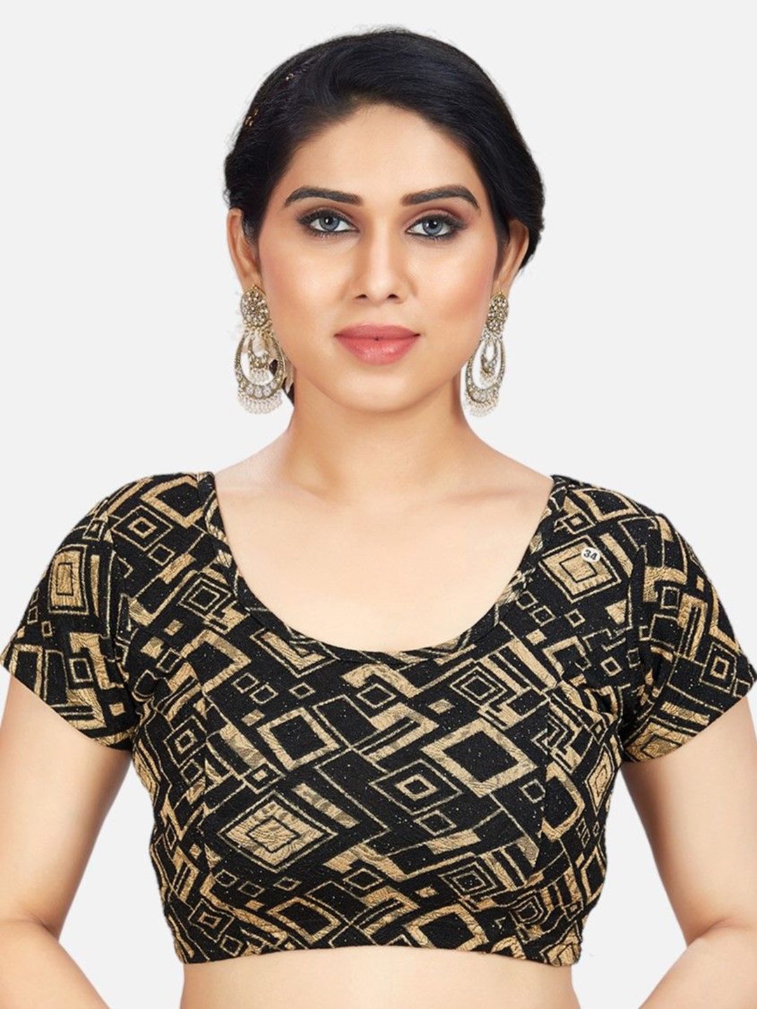 

Biyu Printed Short Sleeve Stretchable Saree Blouse, Black