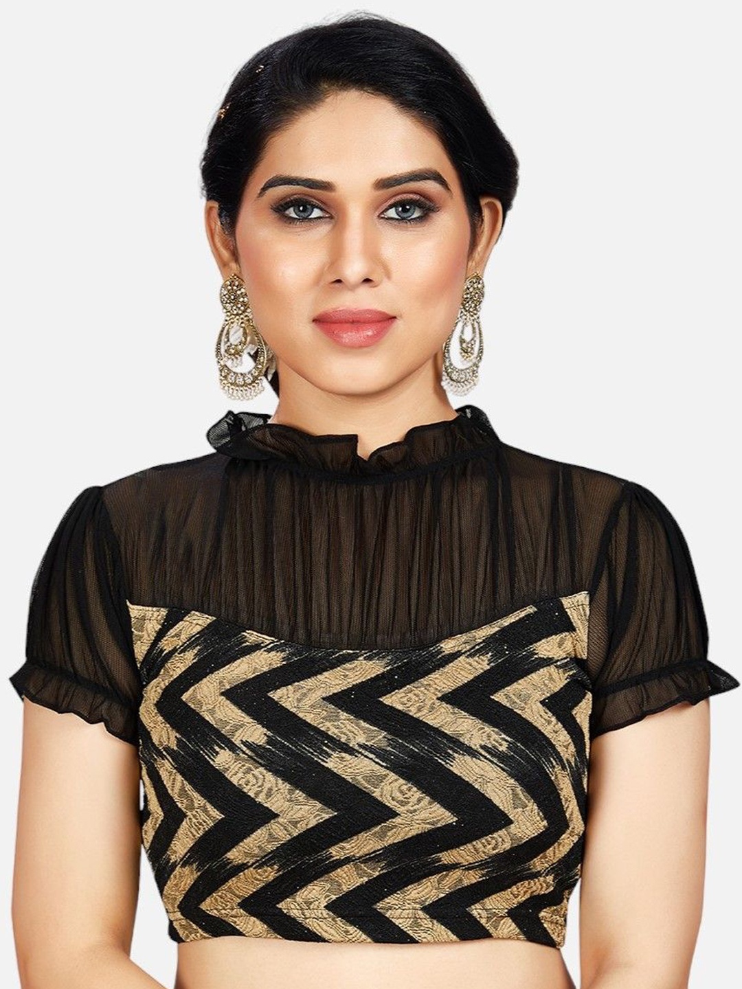 

Biyu Zigzag Print Stretchable High Neck Short Sleeves Saree Blouse, Black