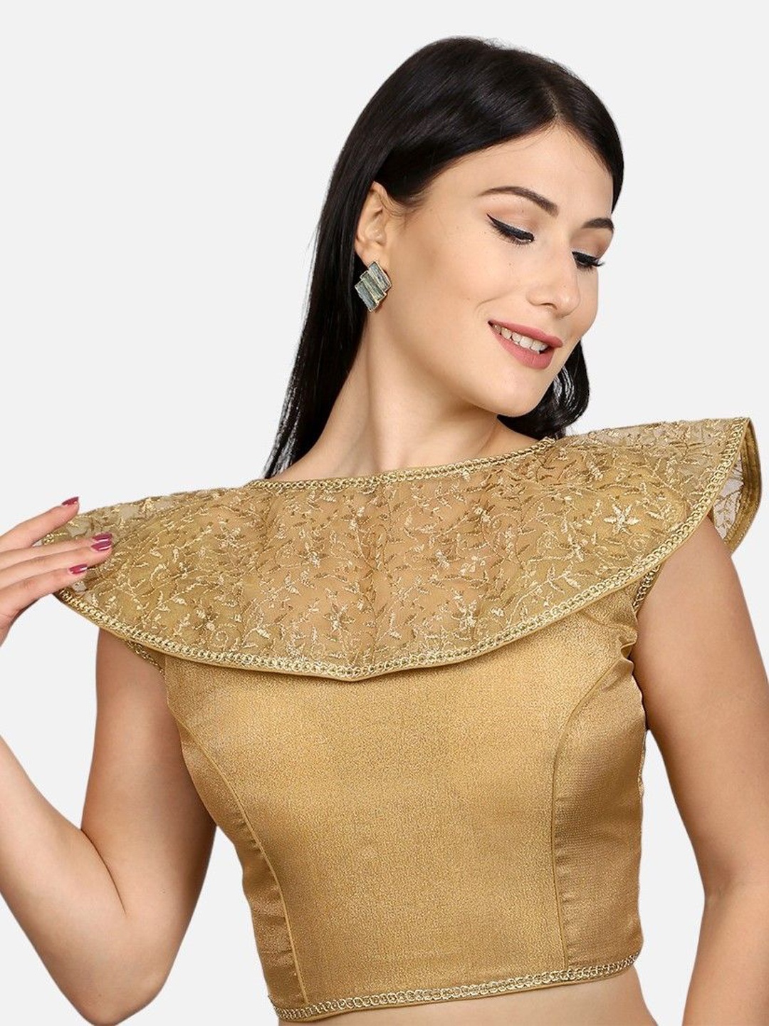 

Biyu Detachable Cape Readymade Saree Blouse, Gold