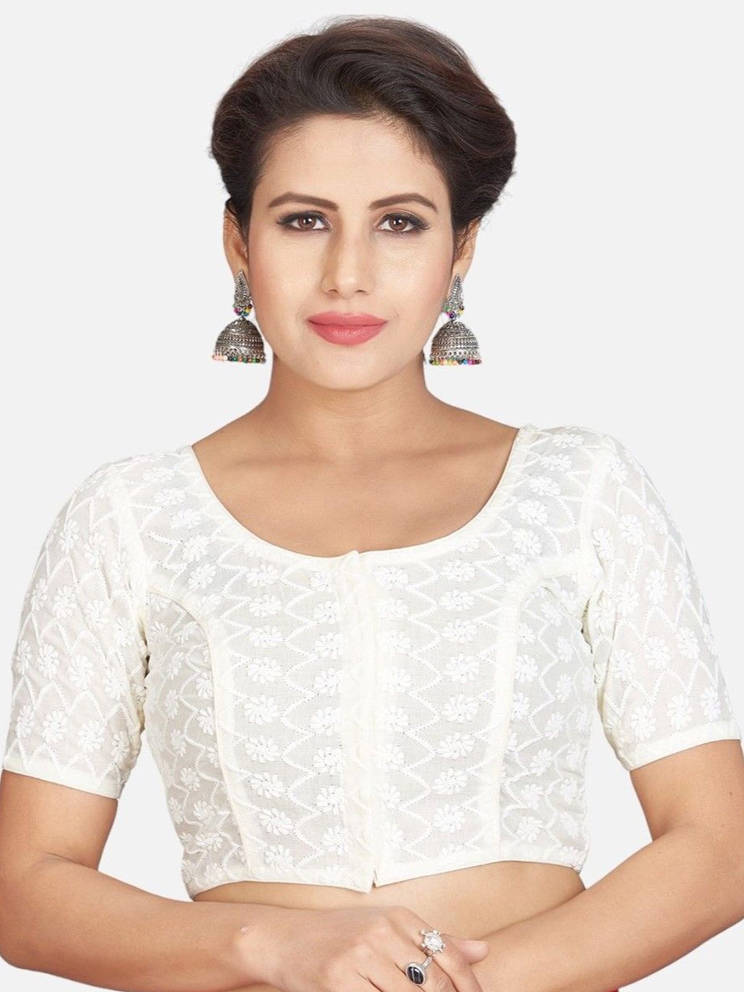 

Biyu Woven Design Half Sleeves Saree Blouse, Cream