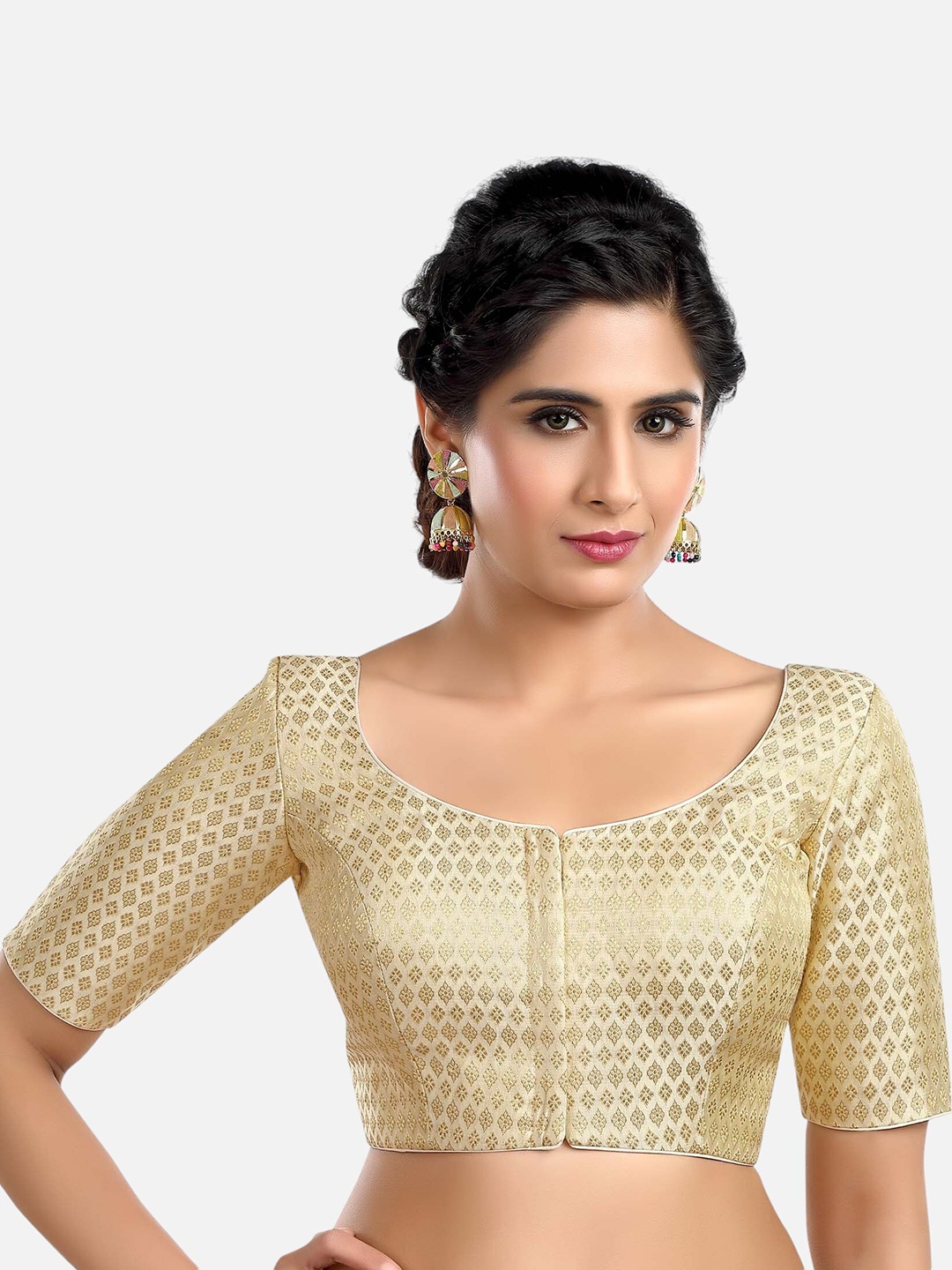 

Biyu Ethnic Motifs Woven-Design Brocade Readymade Saree Blouse, Cream