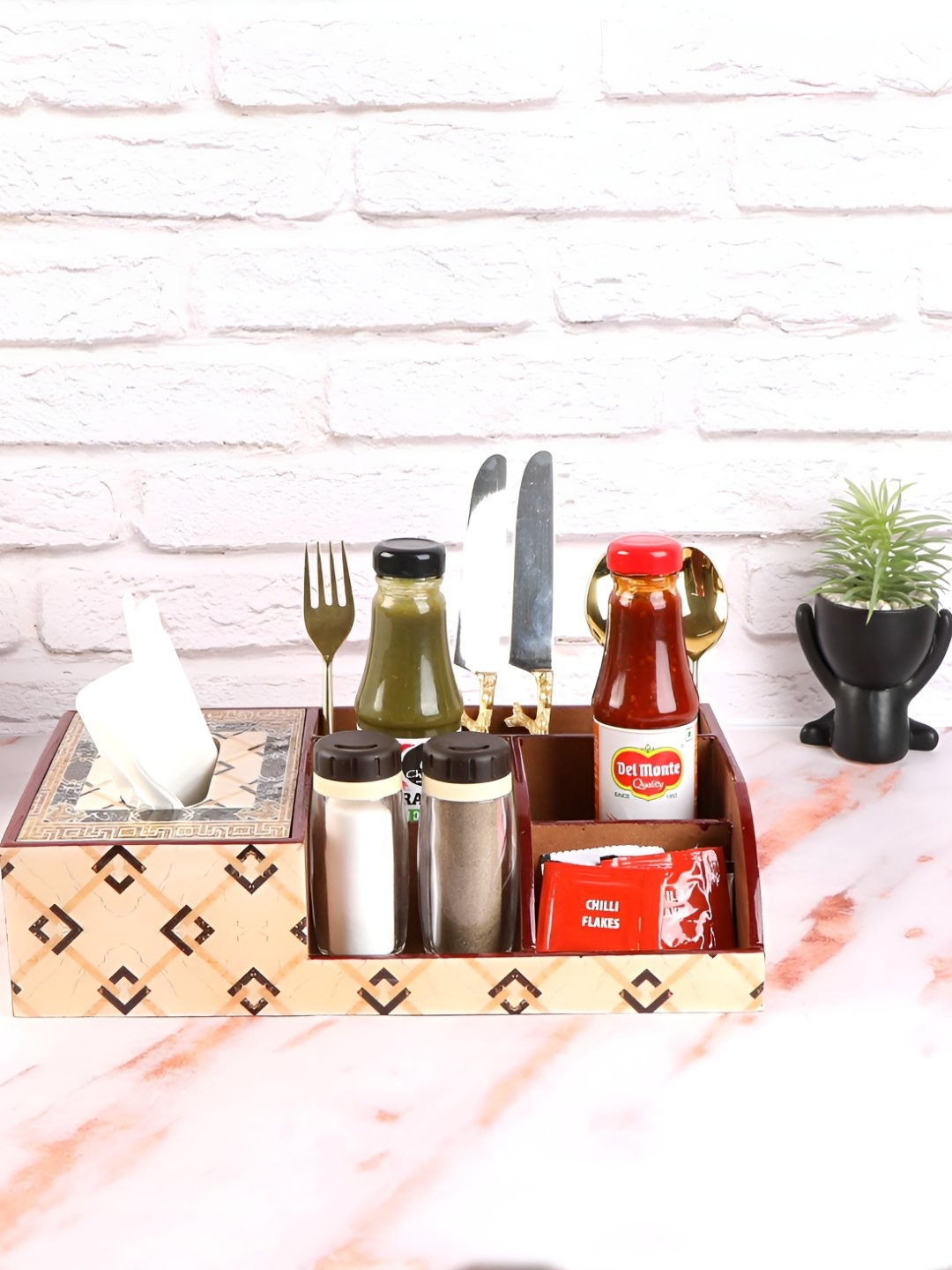 

THE HOME CO. Beige & Brown Printed Wooden Table Organiser
