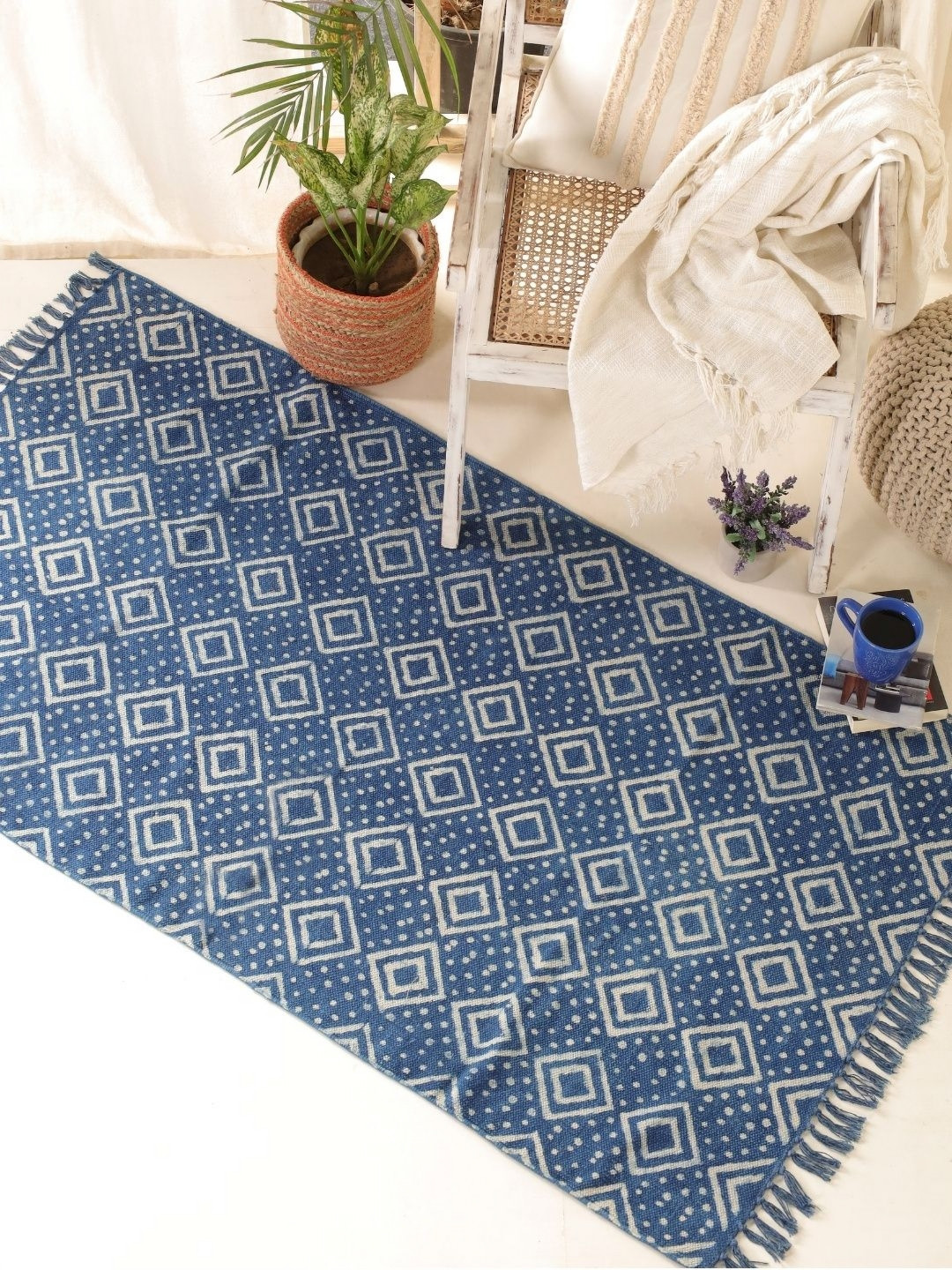 

Peepul Tree Navy Blue & Beige Geometric Handmade Cotton Carpet