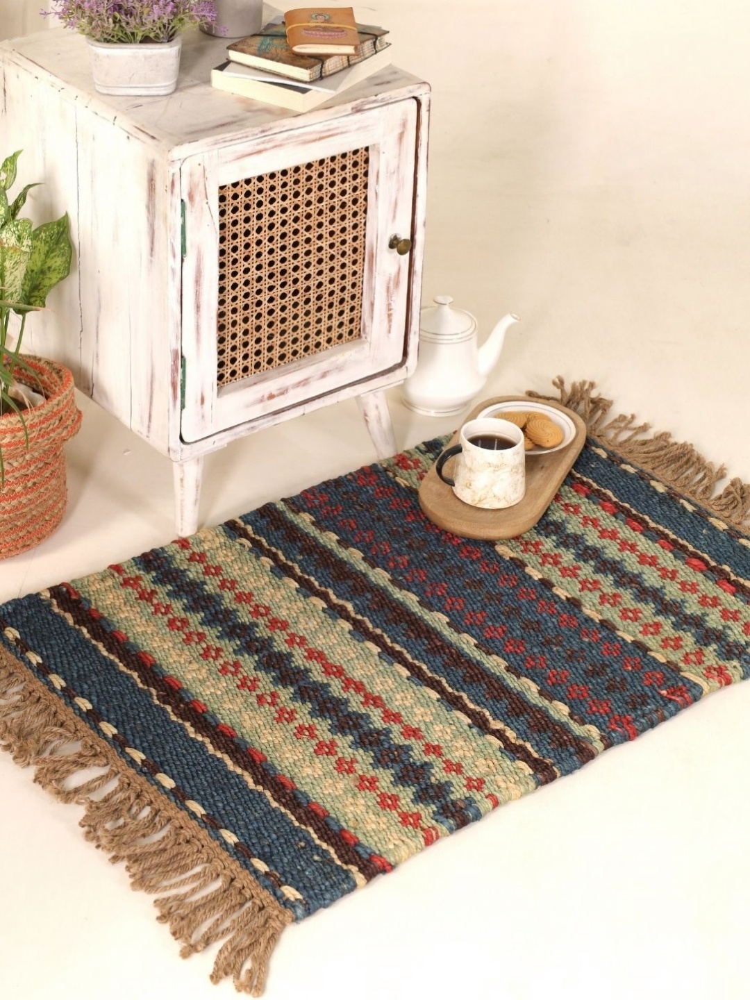 

Peepul Tree Handmade Woollen Carpet-Beige & Blue (2X3ft)