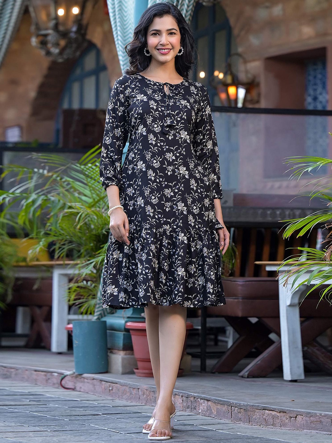 

Peachmode Women Floral Print A-Line Dress, Black