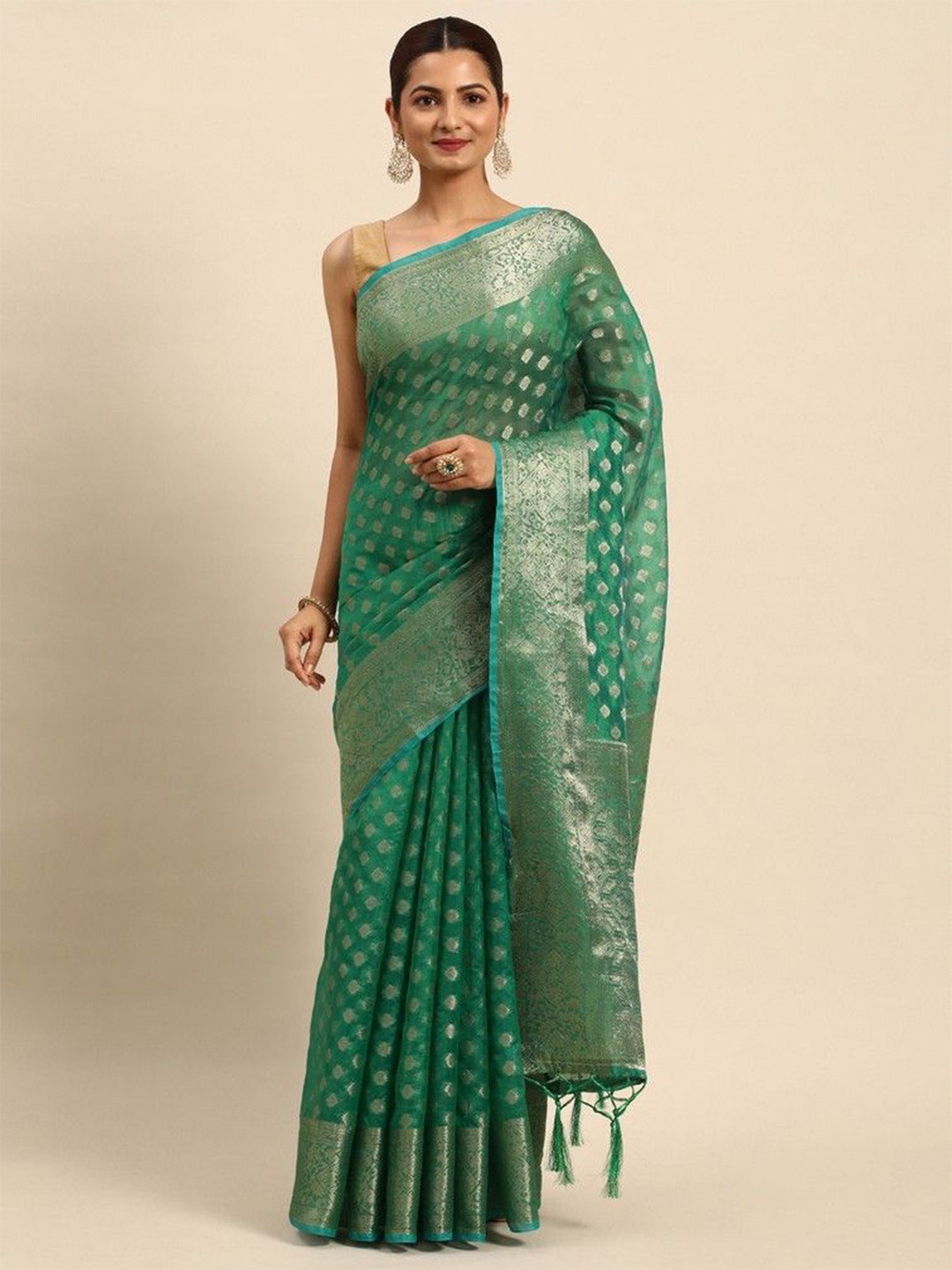 

HERE&NOW Woven Design Zari Organza Saree, Green