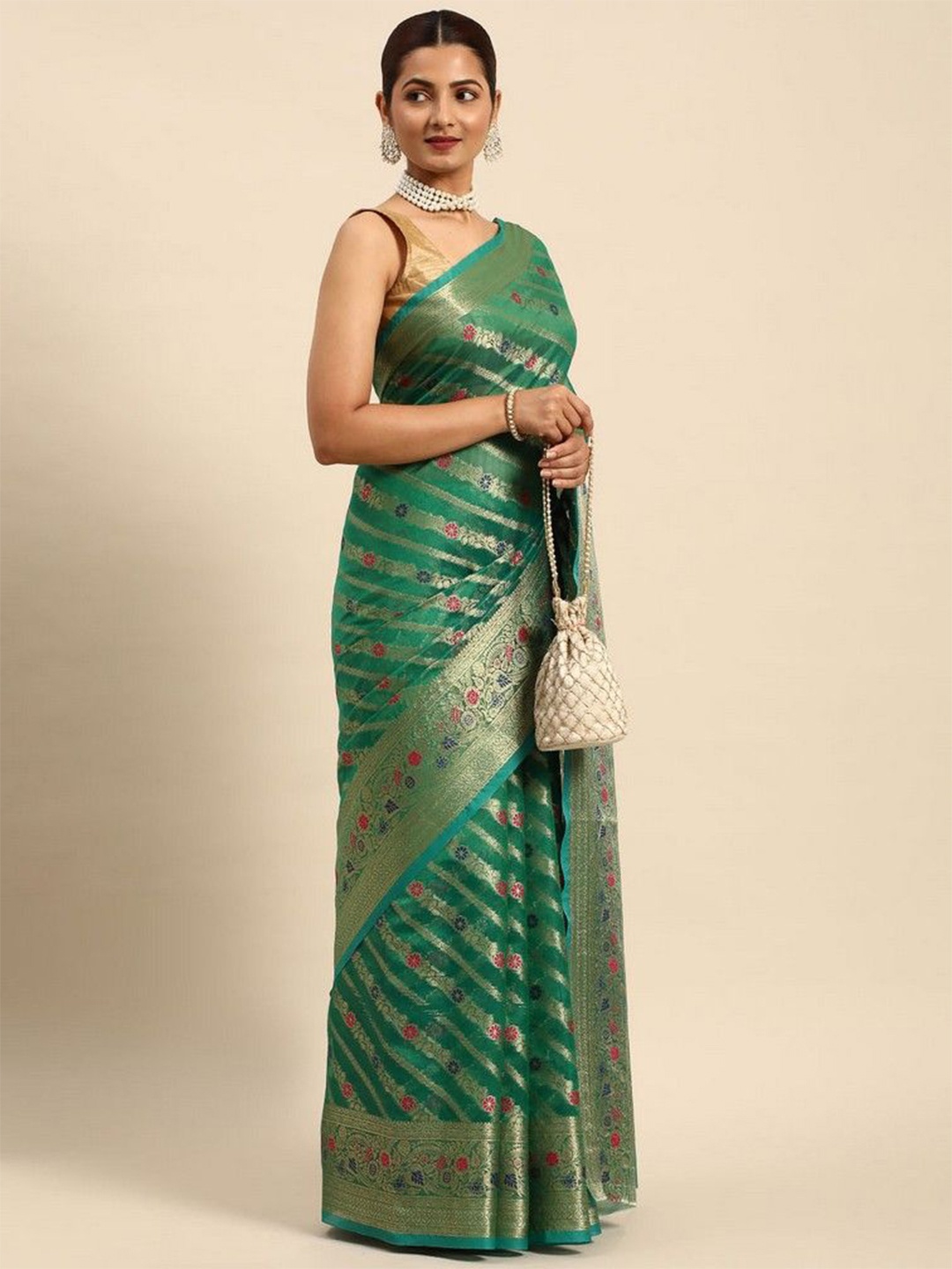 

HERE&NOW Zari Woven Design Organza Saree, Teal