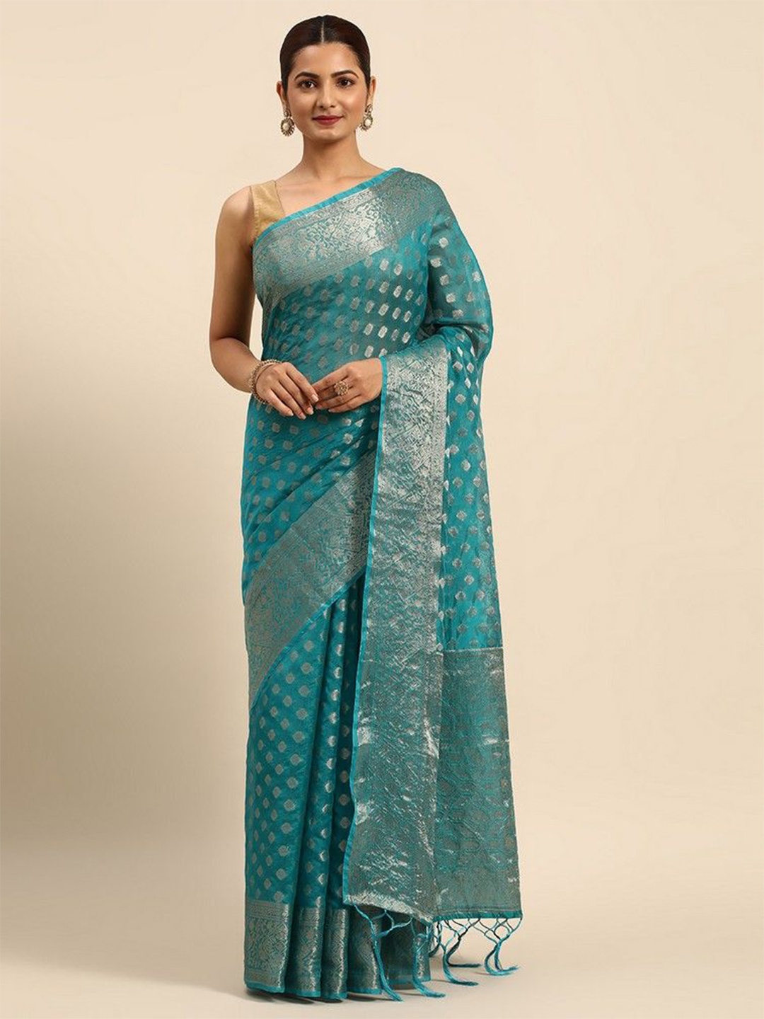

HERE&NOW Ethnic Motifs Zari Organza Saree, Turquoise blue