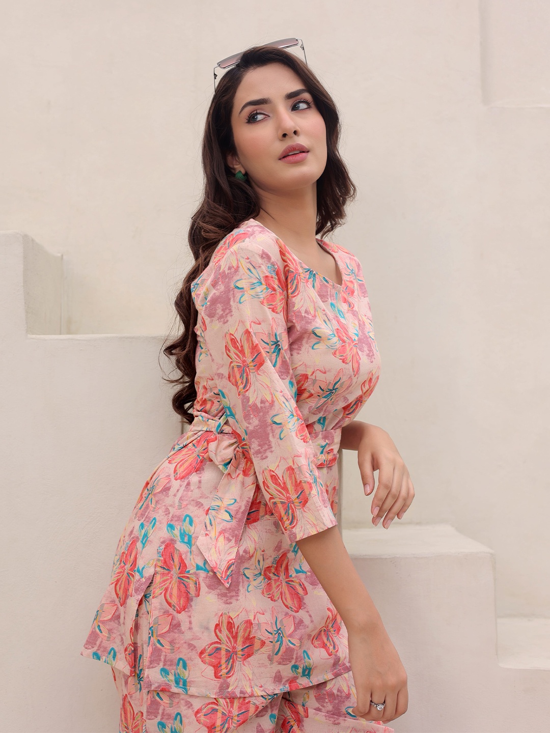 

RANGREAL Printed Pure Cotton Tunic With Trousers, Pink