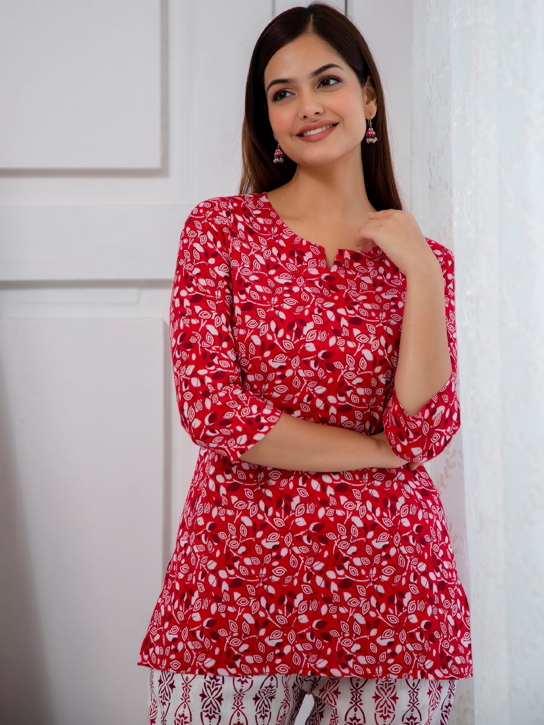 

RANGREAL Printed Cotton Night Suit Set, Red