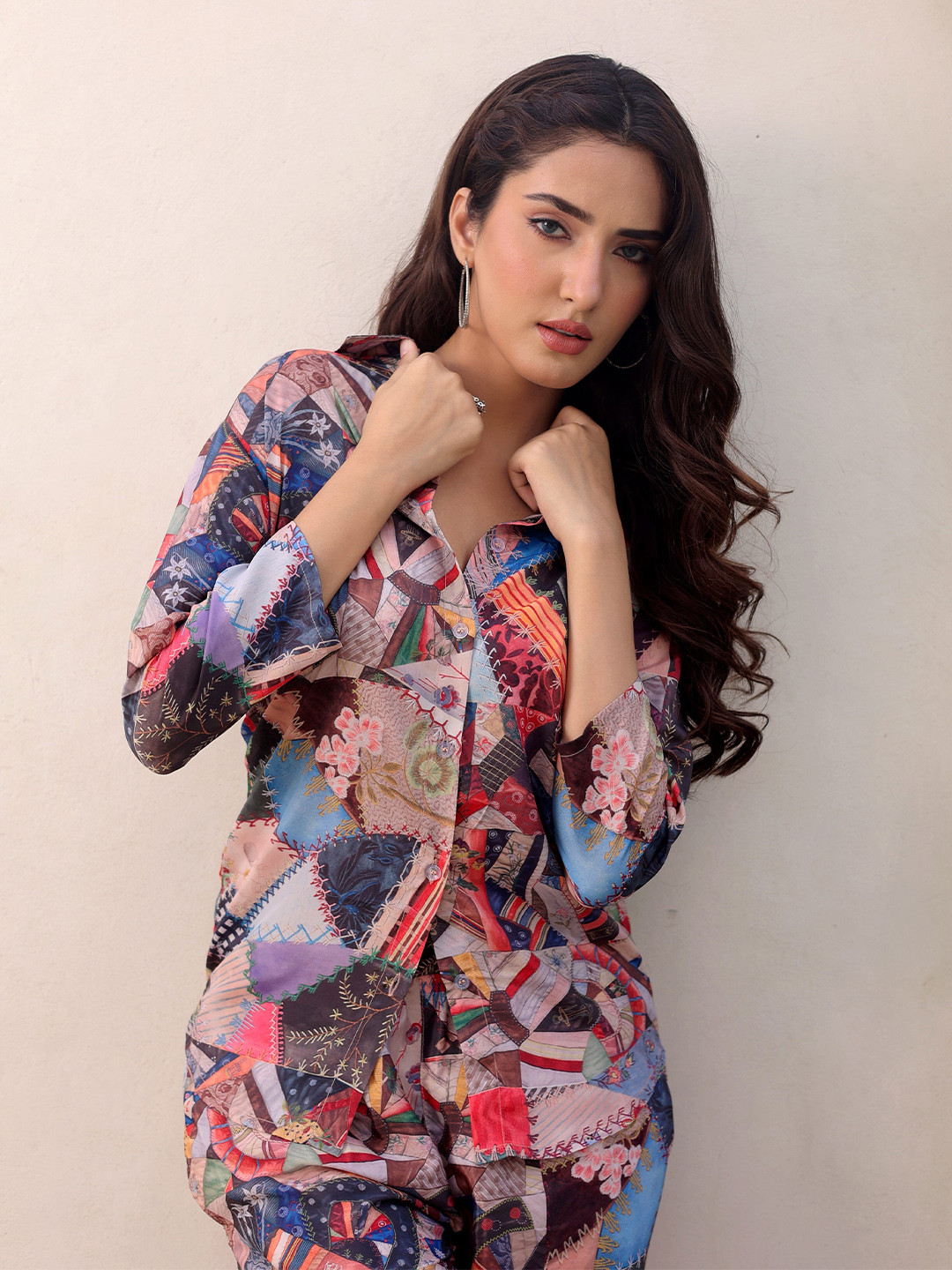 

RANGREAL Abstract Printed Shirt Collar Shirt With Trouser Co-Ords, Black