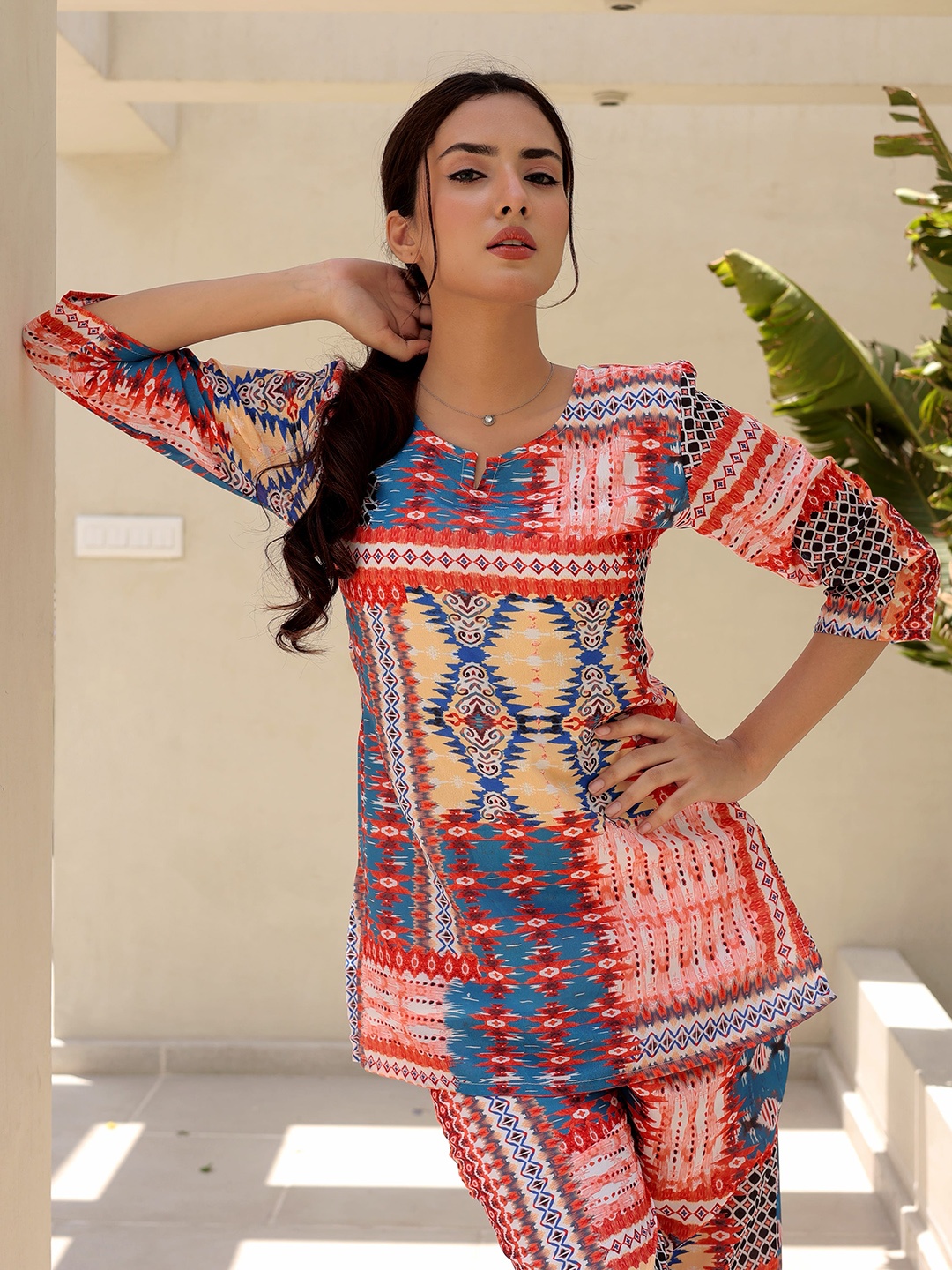 

RANGREAL Ethnic Motifs Printed Top With Palazzos, Orange