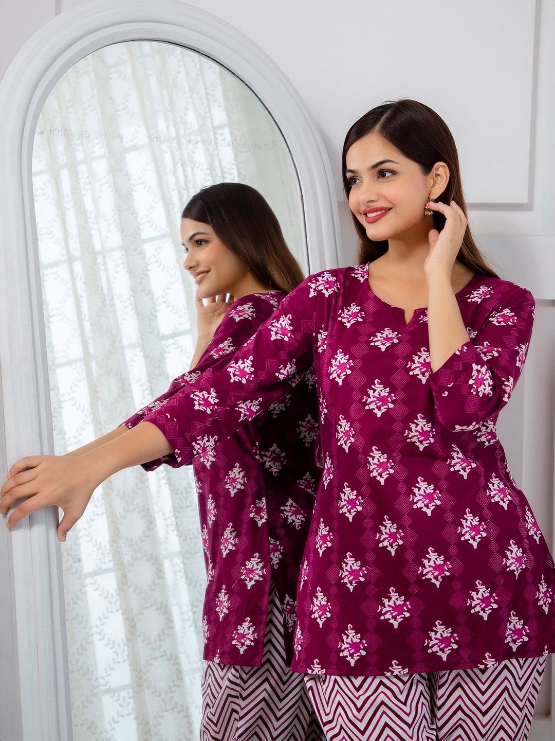 

RANGREAL Printed Pure Cotton Night Suit, Purple