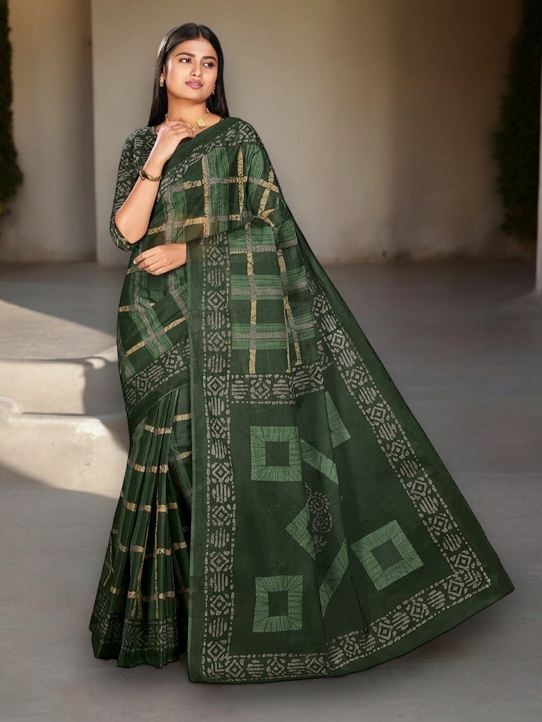 

Jevi Prints Checked Pure Cotton Block Print Saree, Green