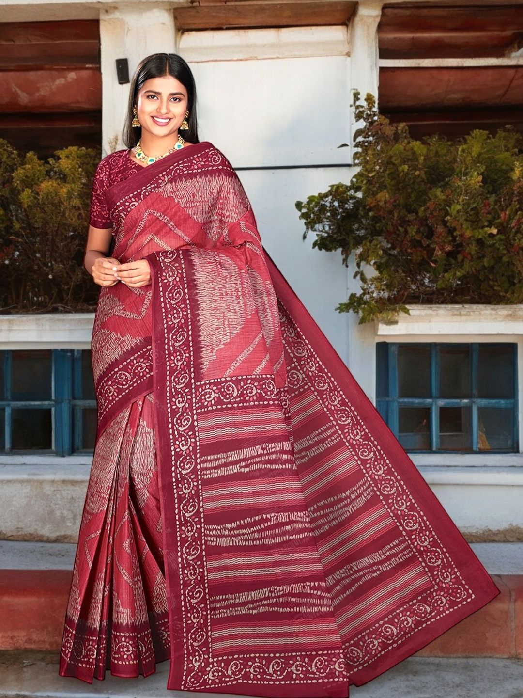 

Jevi Prints Ethnic Motifs Pure Cotton Block Print Saree, Red