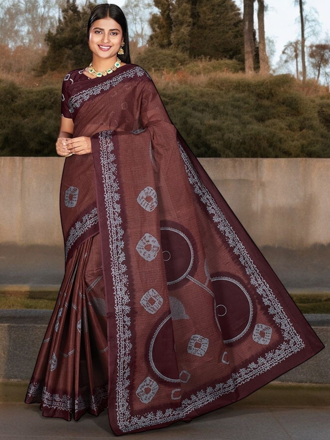 

Jevi Prints Ethnic Motifs Pure Cotton Block Print Saree, Brown