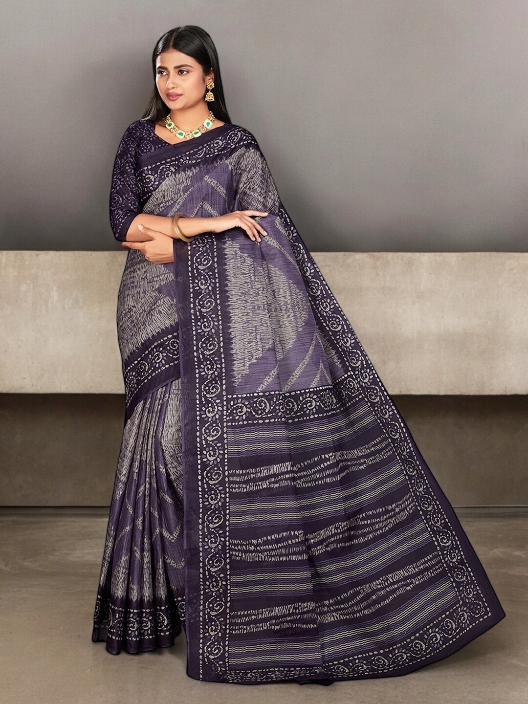 

Jevi Prints Ethnic Motifs Pure Cotton Block Print Saree, Purple
