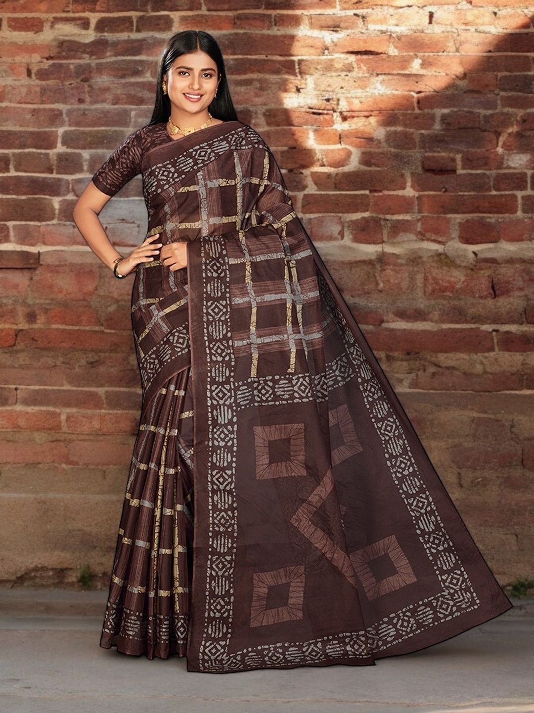 

Jevi Prints Checked Pure Cotton Block Print Saree, Brown