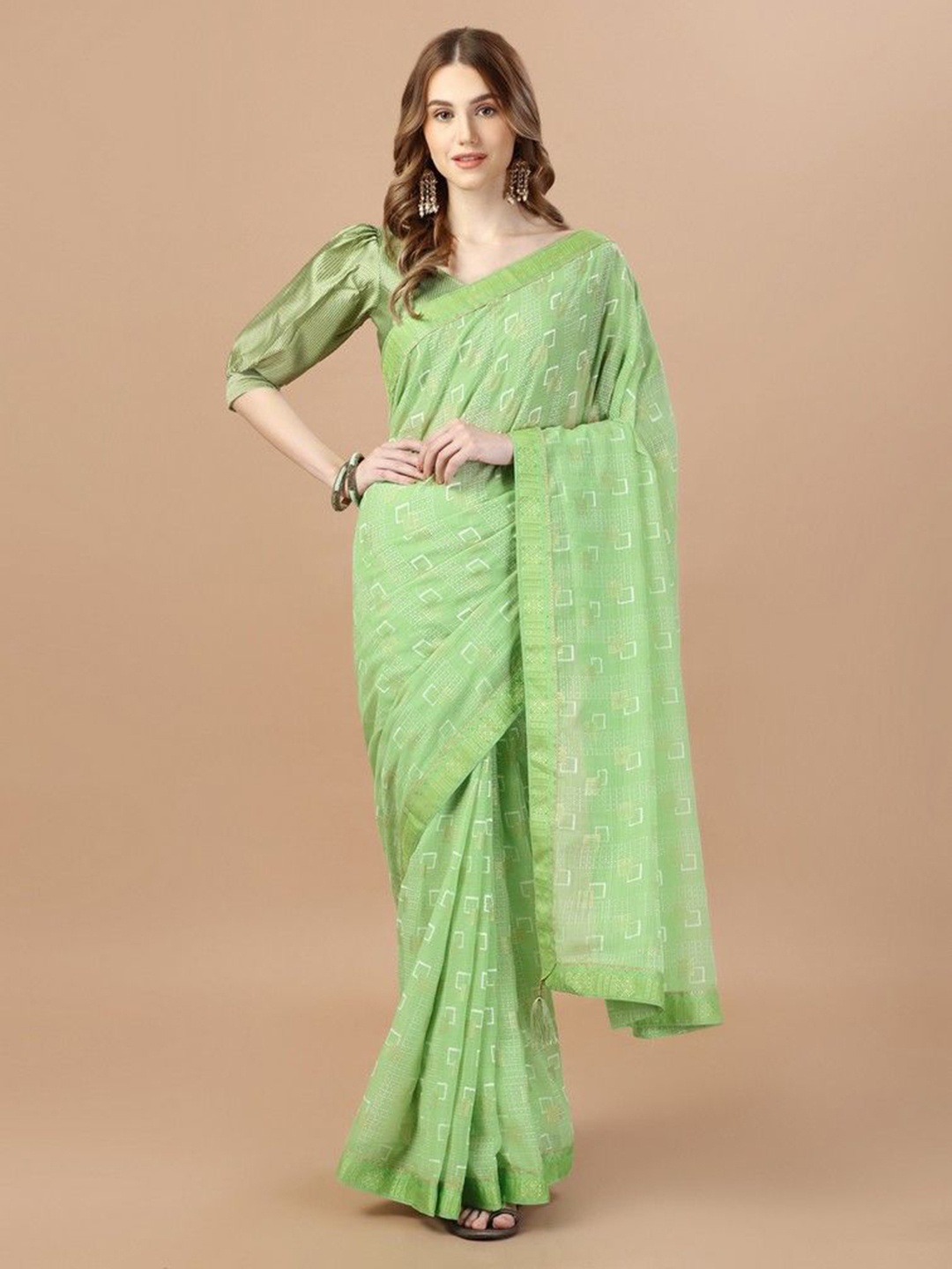 

HERE&NOW Zari Ruber Print Saree, Green