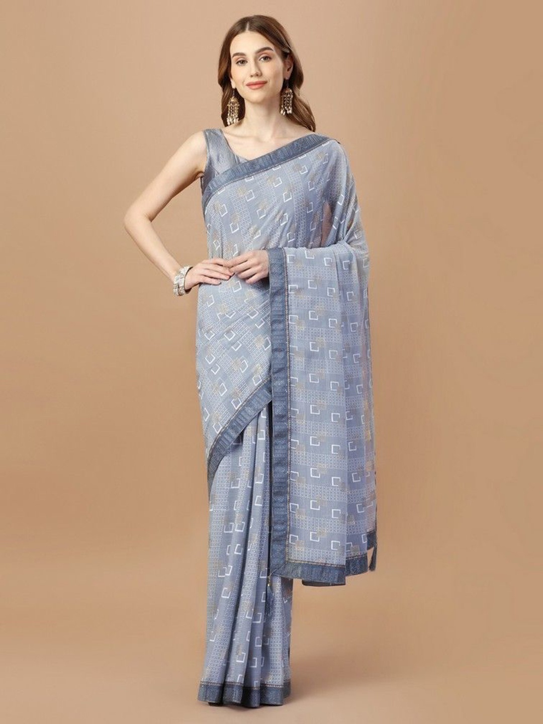 

HERE&NOW Printed Zari Saree With Blouse Piece, Grey