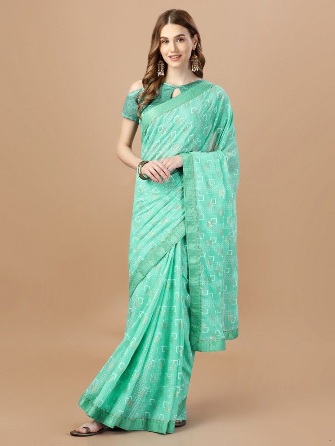 

HERE&NOW Printed Zari Saree With Blouse Piece, Teal